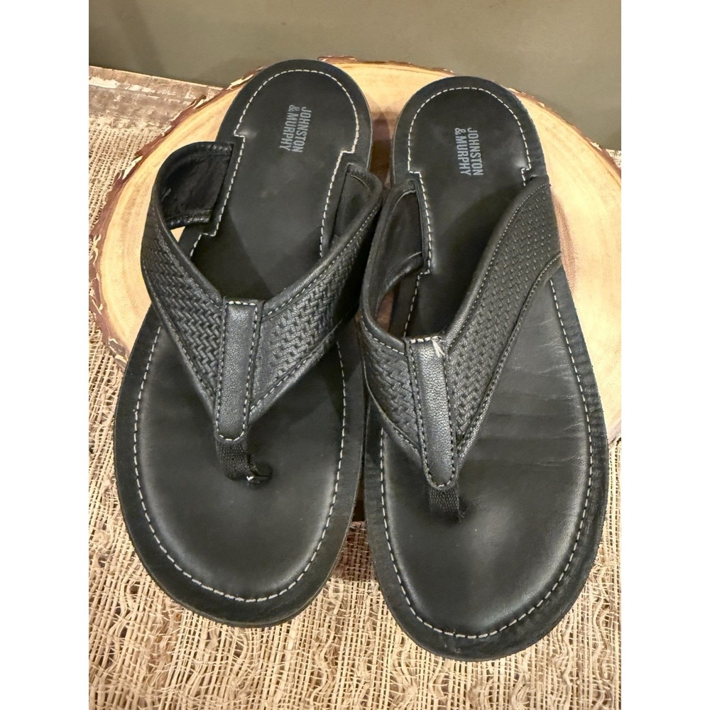 Johnston Murphy Norris Laser-Weave Thong Leather Sandals Black 7M Flip Flops